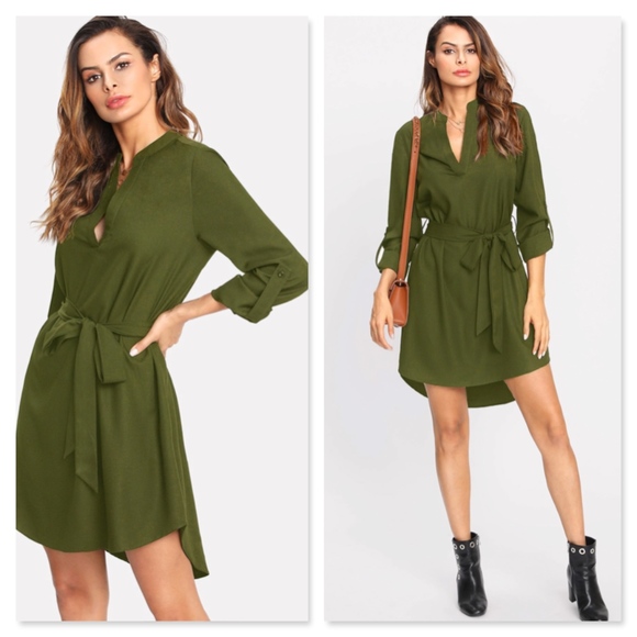 Rouge! Dresses & Skirts - Army Green Belted Shirt Dress Asymmetric Hem